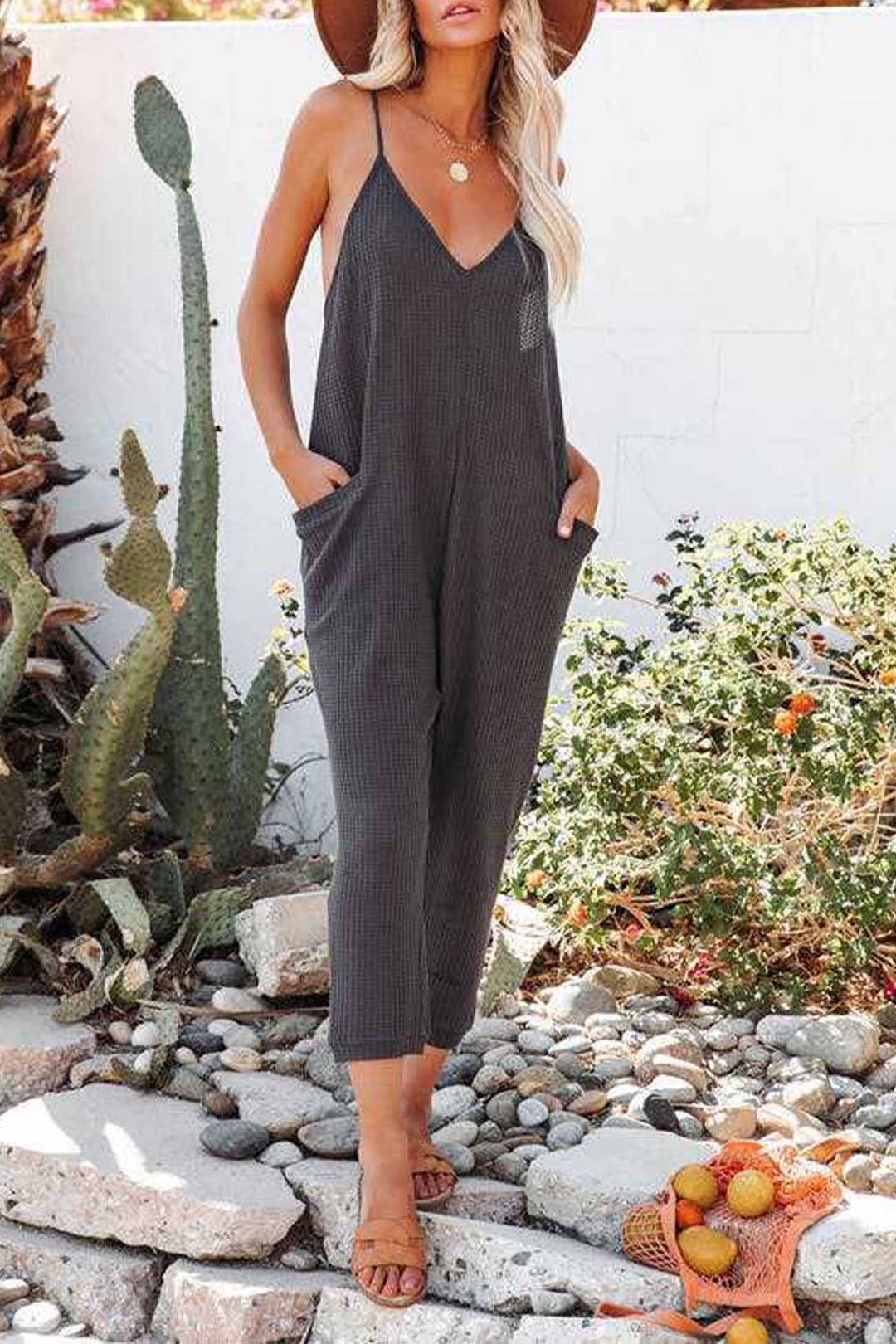 Waffle V Neck Spaghetti Straps Jumpsuits Blue · 2XL