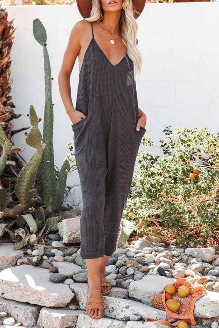Waffle V Neck Spaghetti Straps Jumpsuits Blue · 2XL