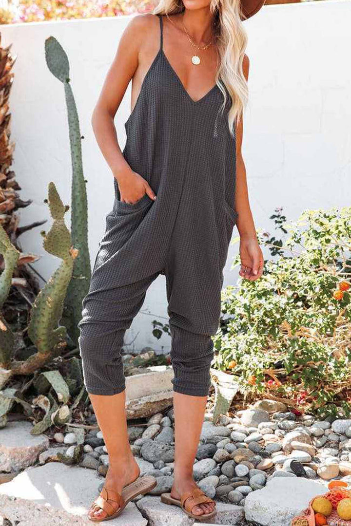 Waffle V Neck Spaghetti Straps Jumpsuits Dark Grey · S