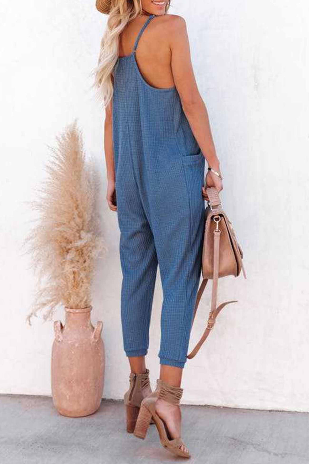Waffle V Neck Spaghetti Straps Jumpsuits Blue · L