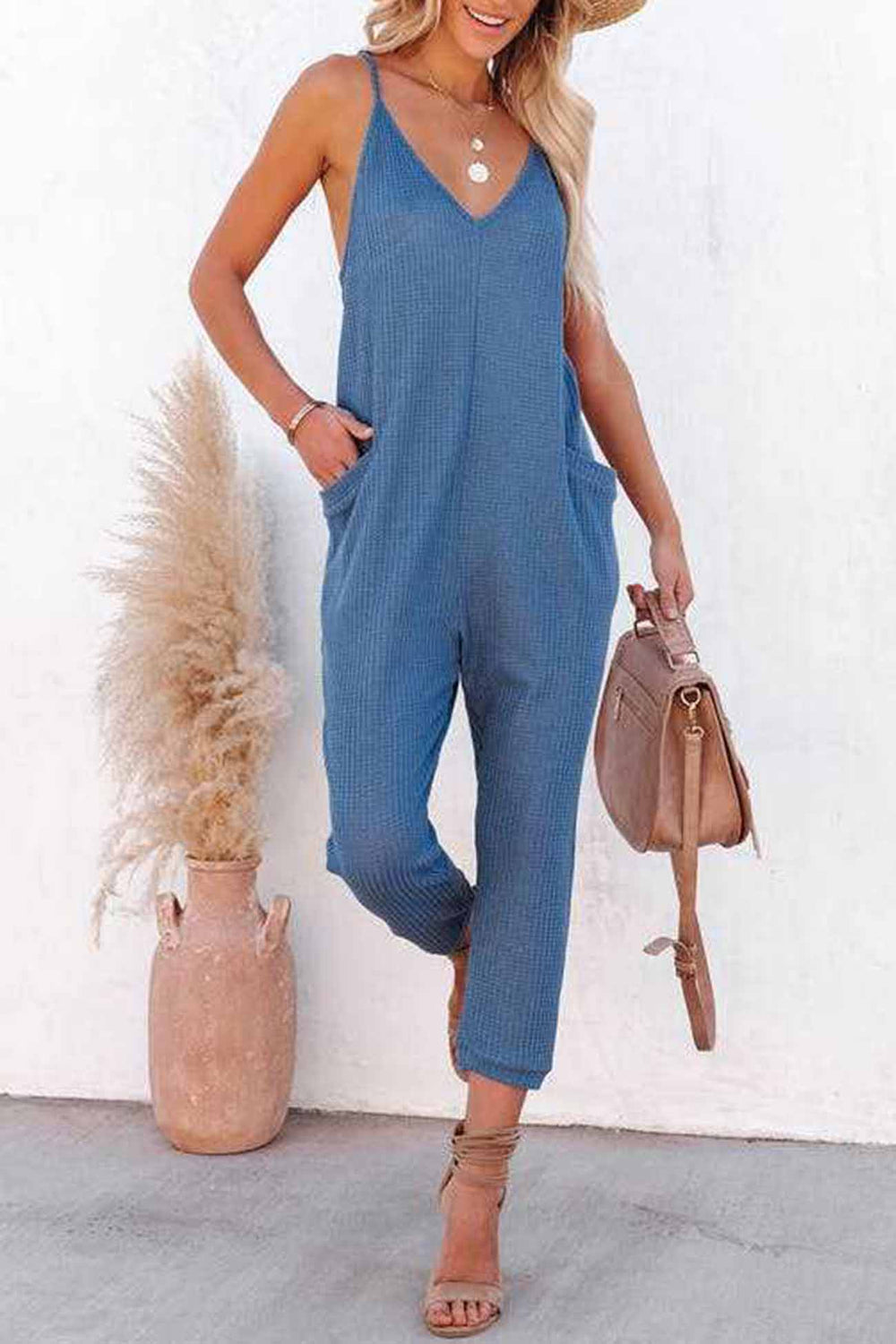 Waffle V Neck Spaghetti Straps Jumpsuits Blue · M