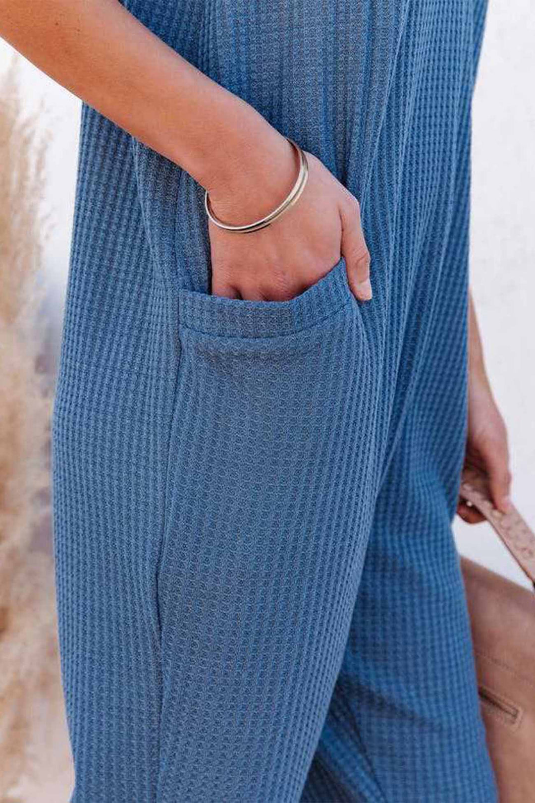 Waffle V Neck Spaghetti Straps Jumpsuits Blue · XL