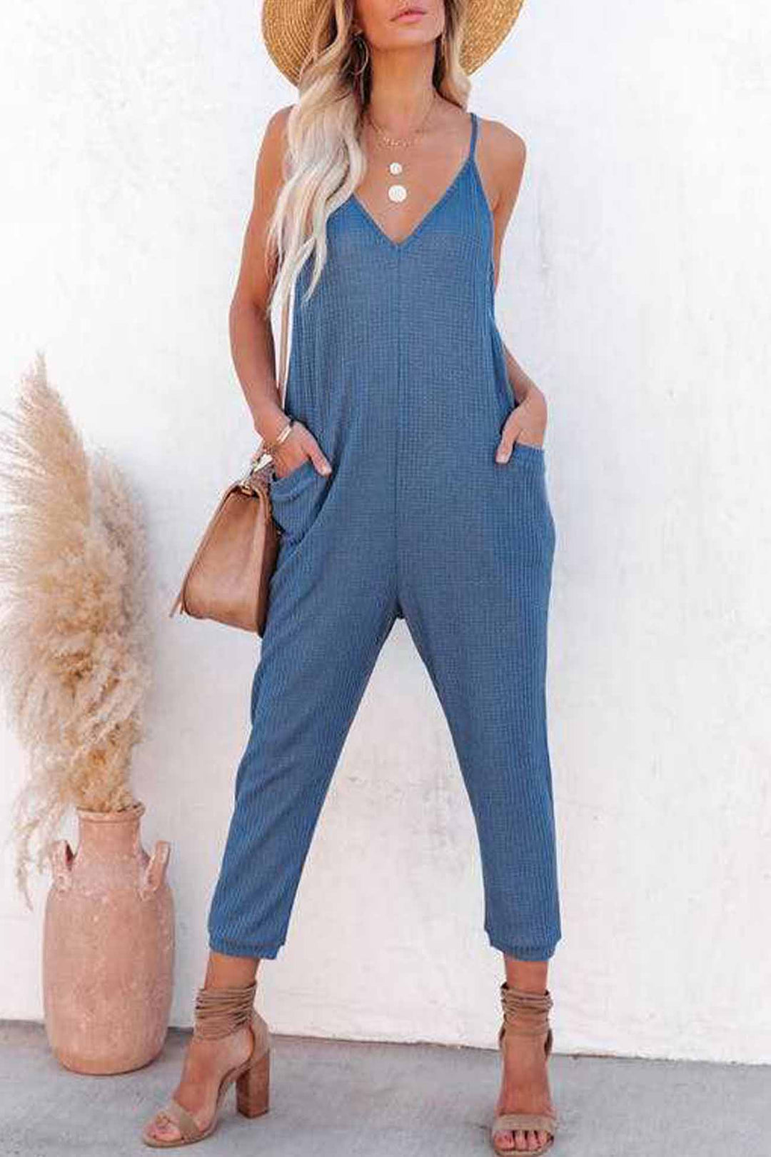 Waffle V Neck Spaghetti Straps Jumpsuits Blue · S