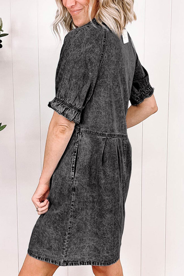 Wash Ruffled Single-breasted Denim Dress Dark Grey · M