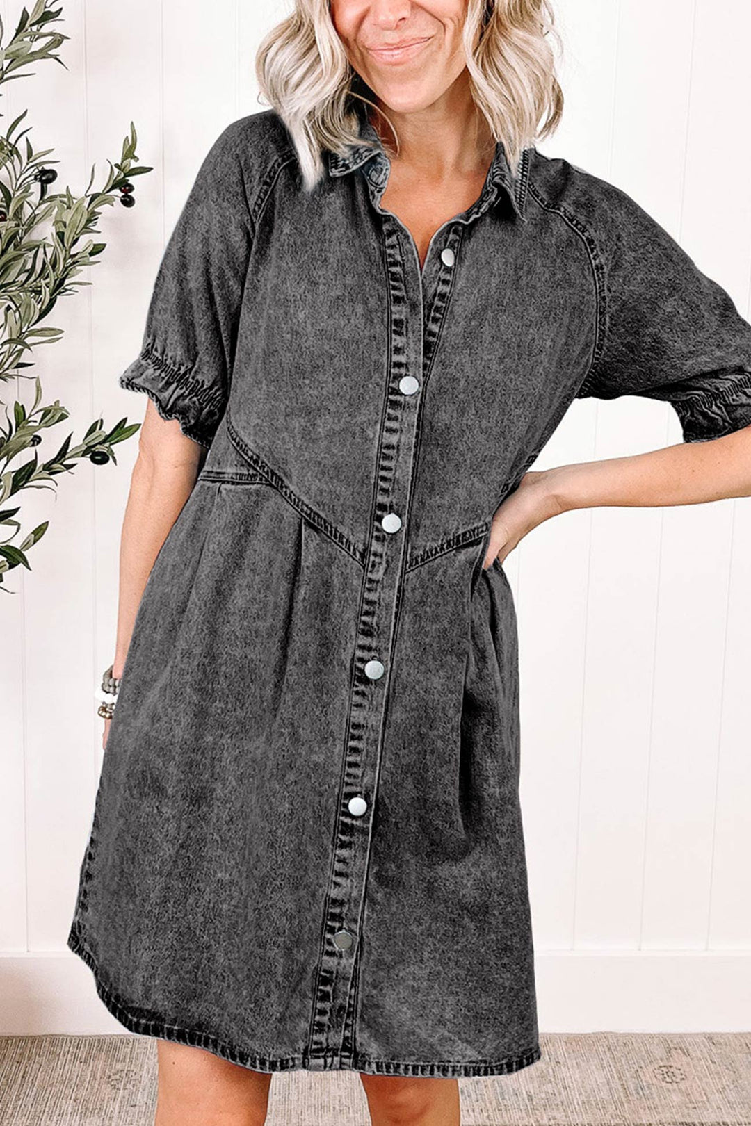 Wash Ruffled Single-breasted Denim Dress Dark Grey · S