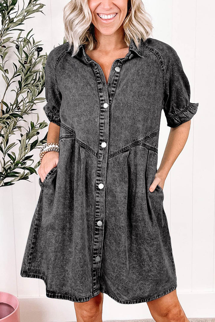 Wash Ruffled Single-breasted Denim Dress Light Blue · XL