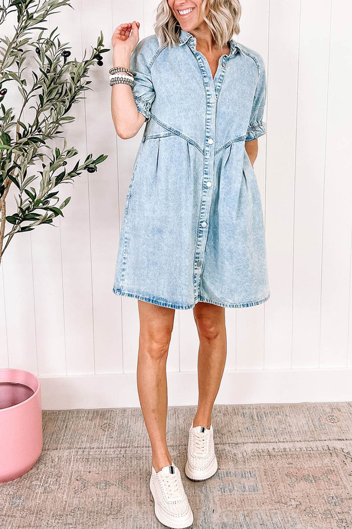 Wash Ruffled Single-breasted Denim Dress Light Blue · M