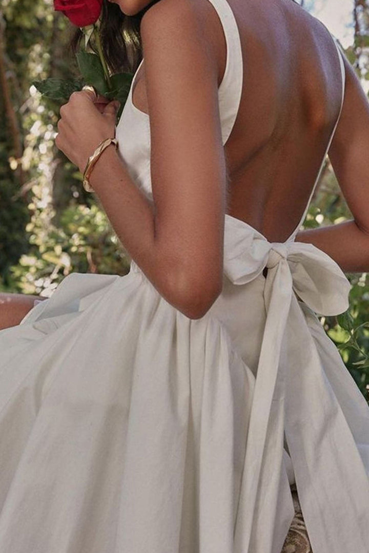 White Backless Tie-back Ruched Dress White · M