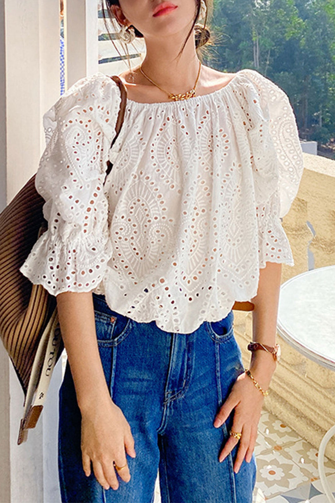 White Embroidered Lace Puff Sleeve Top White · S