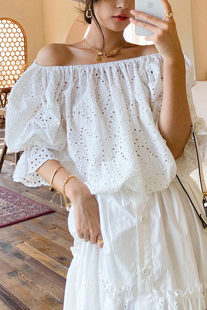 White Embroidered Lace Puff Sleeve Top White · L
