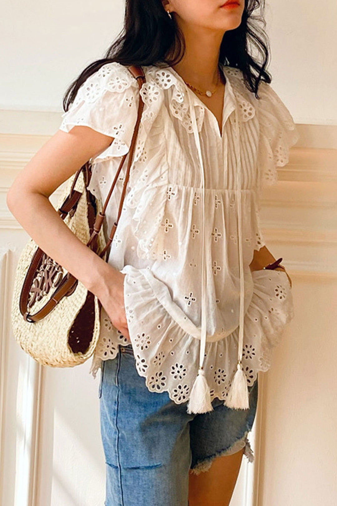White Embroidered Lace Ruffles Sleeve Top White · S