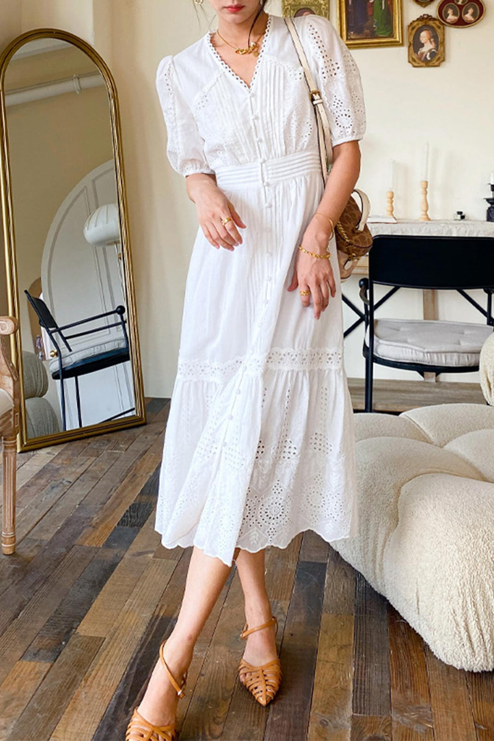 White Emroidered V-neck Maxi Dress White · M