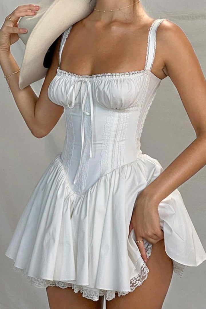 White Lace Stitching Strappy Ruched Cami Dress White · S