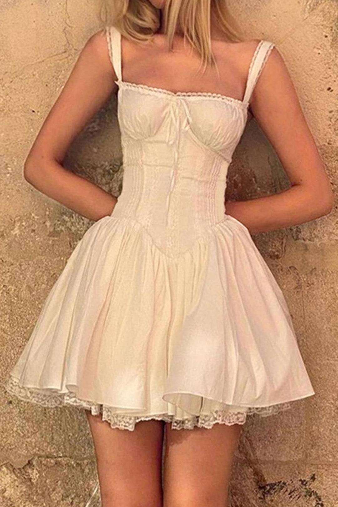 White Lace Stitching Strappy Ruched Cami Dress White · L