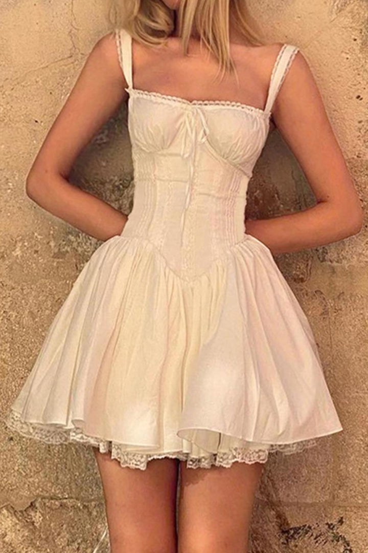 White Lace Stitching Strappy Ruched Cami Dress White · L