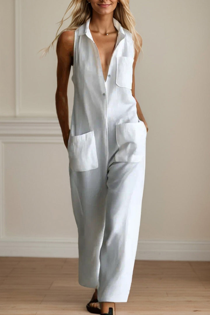 White Single-breasted Sleeveless Cargo Jumpsuits