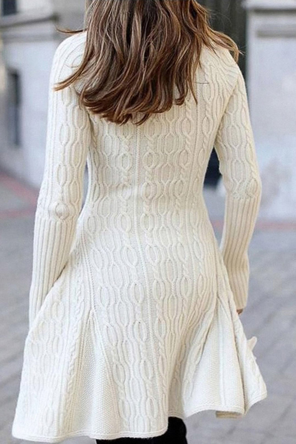 White Turtleneck Cable Knit Ruffled Mini Dress White · M