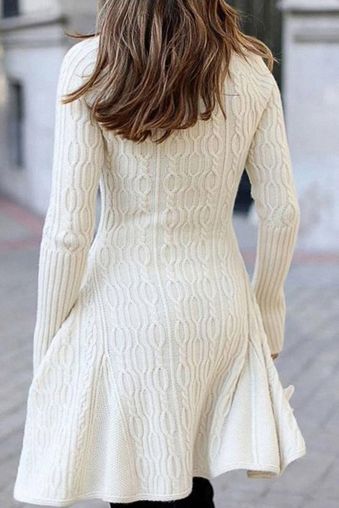White Turtleneck Cable Knit Ruffled Mini Dress White · M