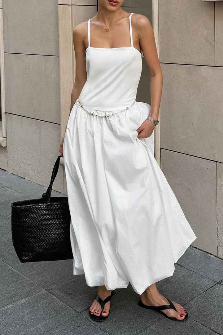 White Waisted Ballon Midi Dress White · S