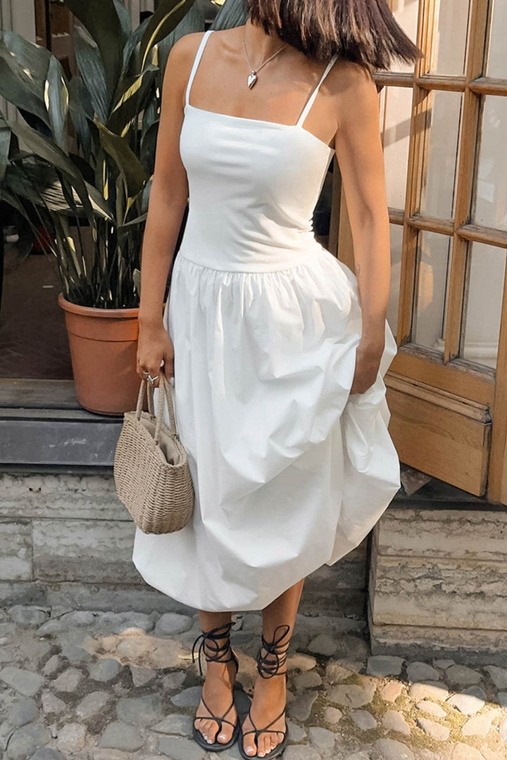 White Waisted Ballon Midi Dress White · L