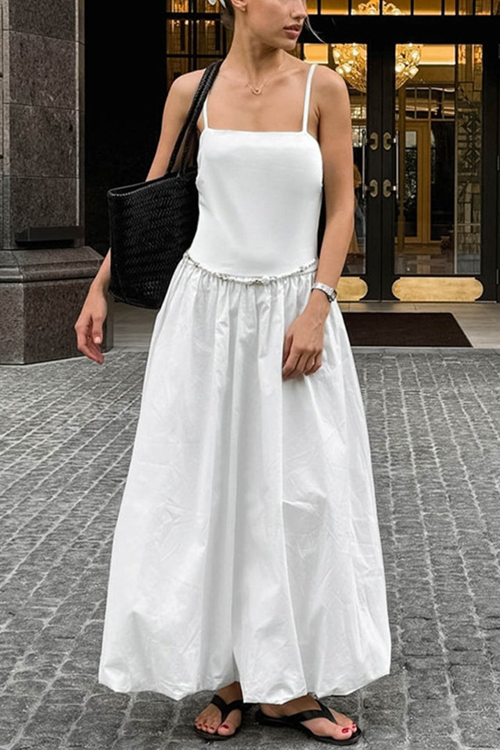 White Waisted Ballon Midi Dress White · M