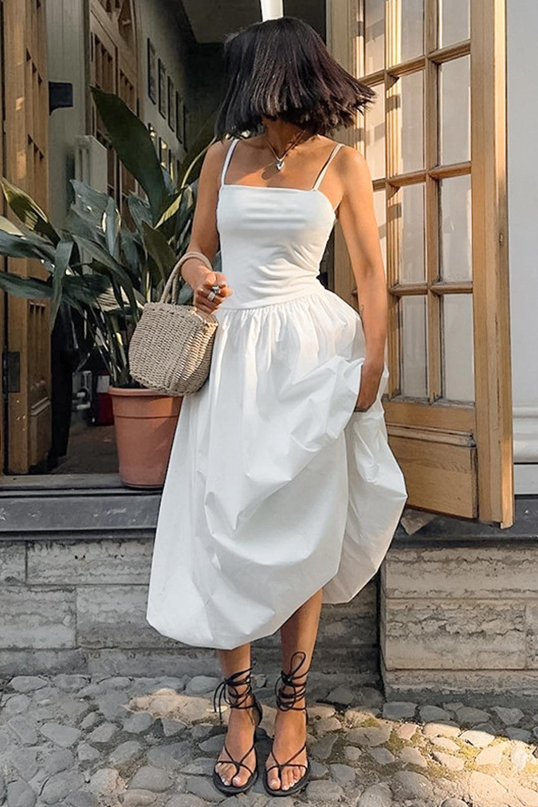 White Waisted Ballon Midi Dress
