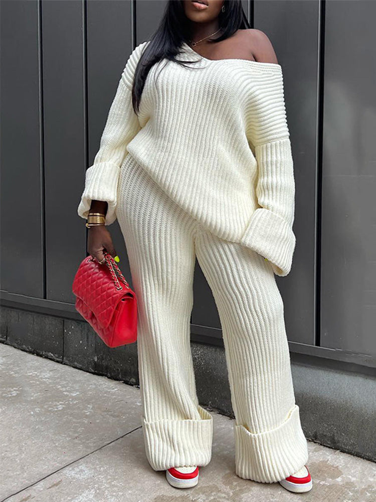 Ribbed Knit Sweater & Pants Set White / S