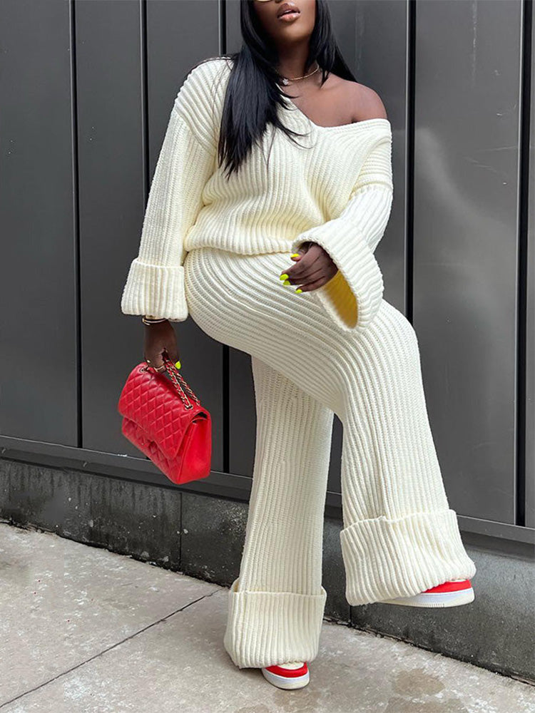 Ribbed Knit Sweater & Pants Set White / M