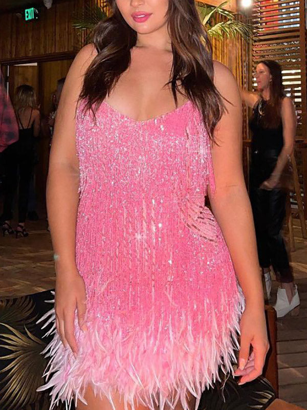 Feather Sequin Camisole Dress Pink / XL