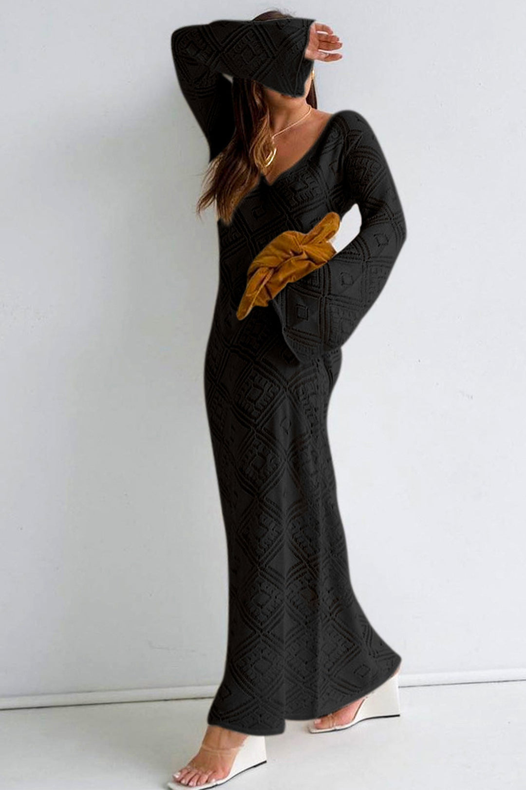 V Neck Crochet Checkered Hollow Out Midi Dress Olive Green · M