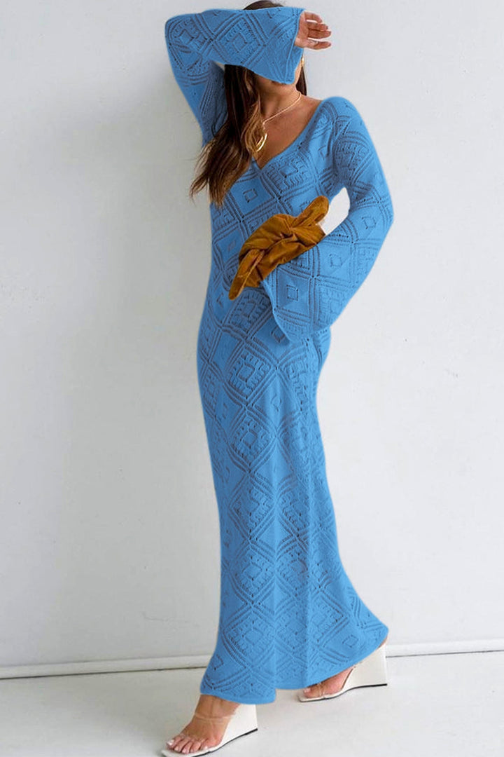 V Neck Crochet Checkered Hollow Out Midi Dress Black · M