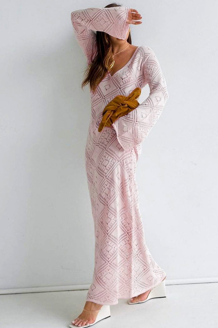 V Neck Crochet Checkered Hollow Out Midi Dress Blue · XL