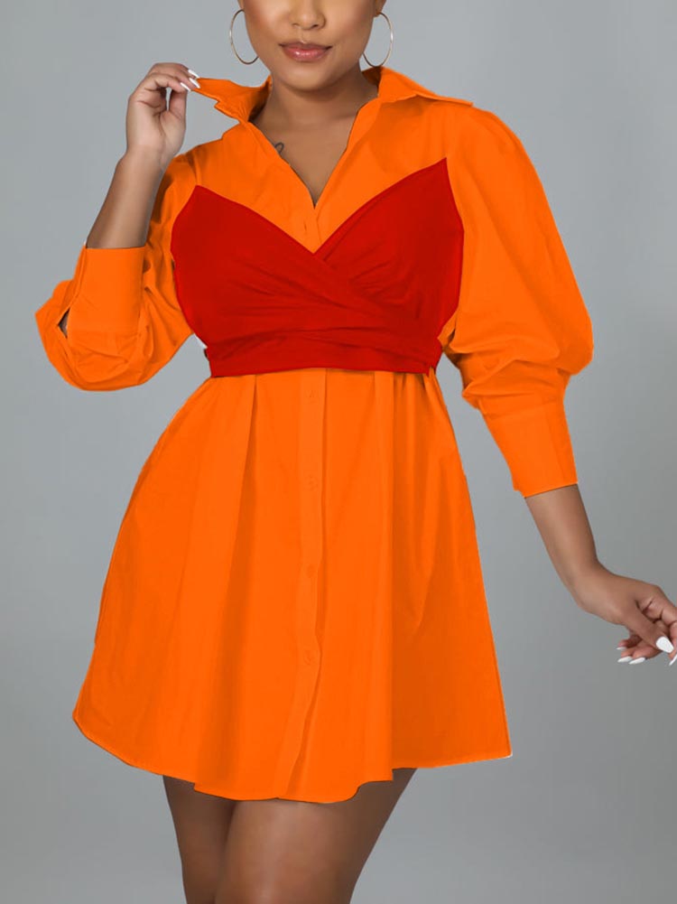 Patchwork Lace Up Shirt Dress Orange / L