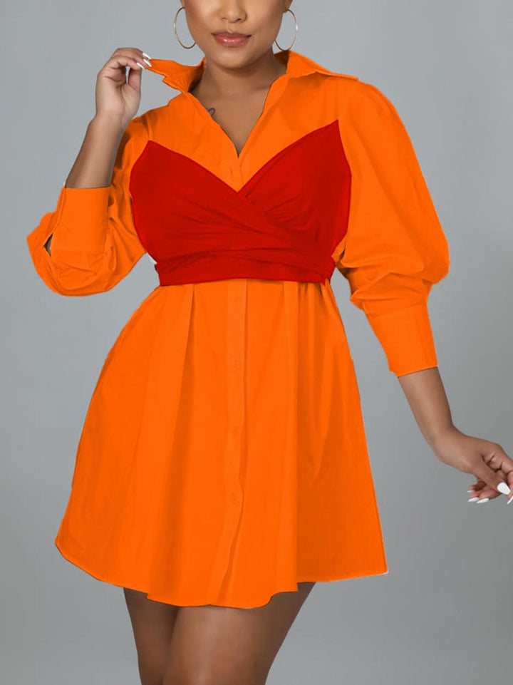 Patchwork Lace Up Shirt Dress Orange / L