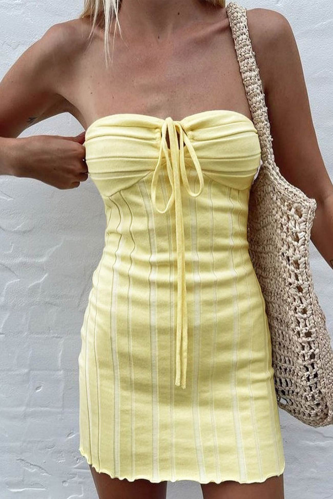 Yellow Strapless Lace Up Knitted Dress Yellow · M