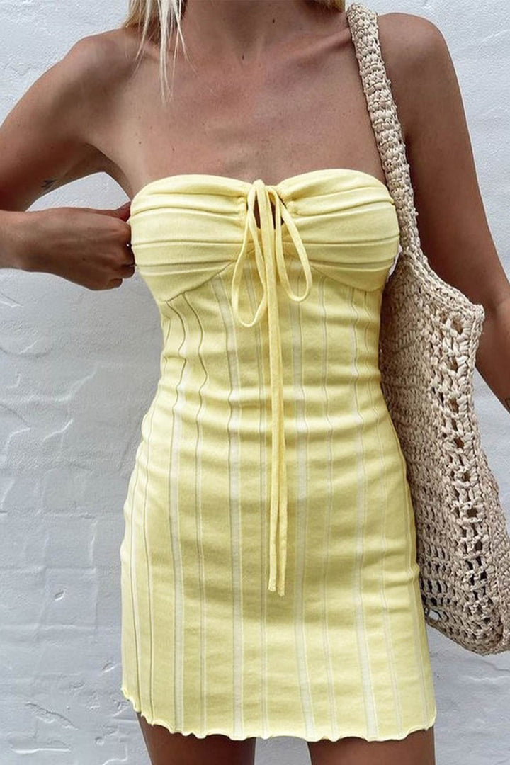 Yellow Strapless Lace Up Knitted Dress Yellow · M