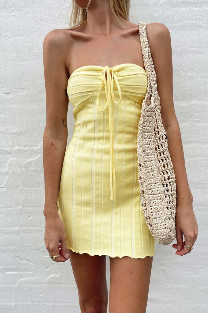 Yellow Strapless Lace Up Knitted Dress Yellow · L