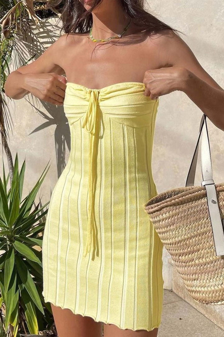 Yellow Strapless Lace Up Knitted Dress Yellow · S
