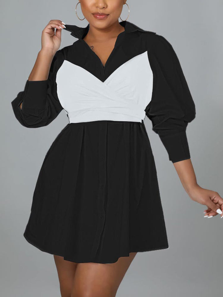 Patchwork Lace Up Shirt Dress Black / 2XL