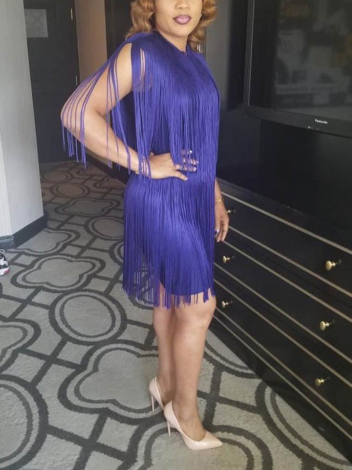 Fringe Sleeveless Mini Dress Blue / 3XL