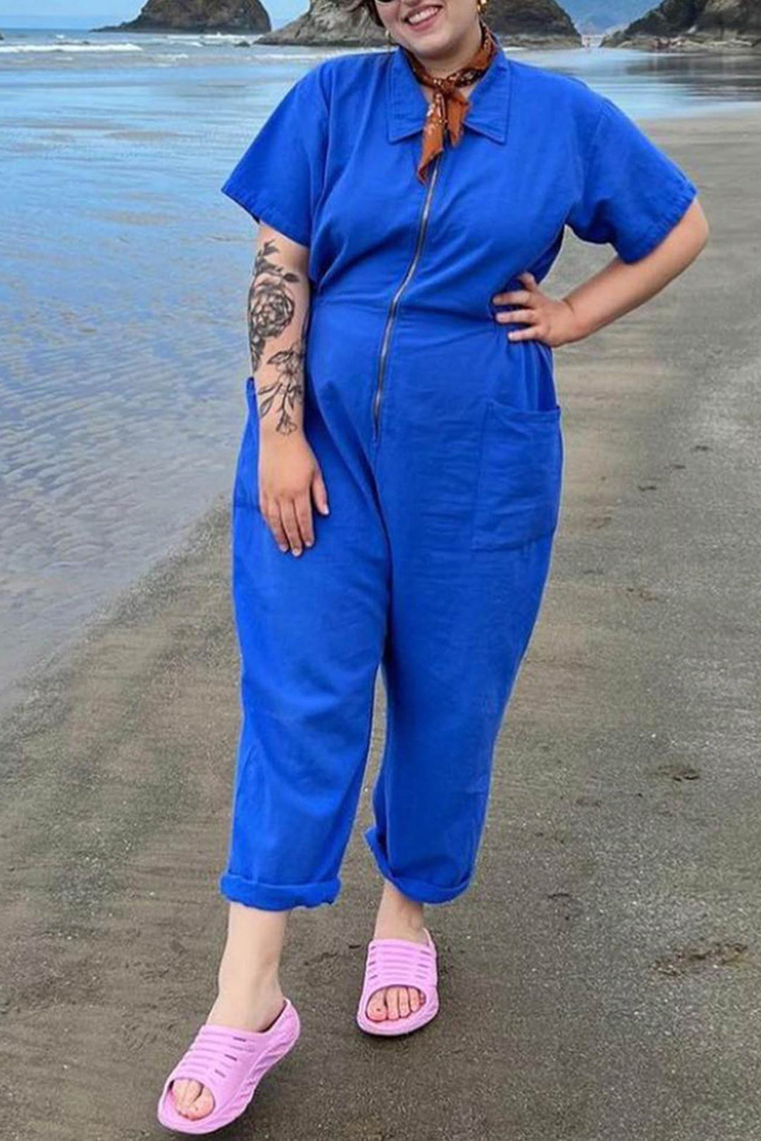 Zip-up Short Sleeve Cotton Linen Jumpsuits Purple · L