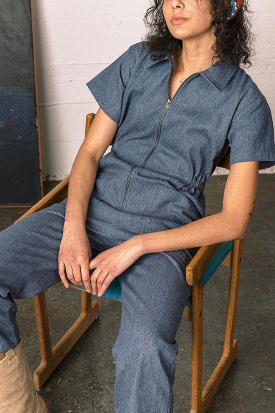 Zip-up Short Sleeve Cotton Linen Jumpsuits Purple · M