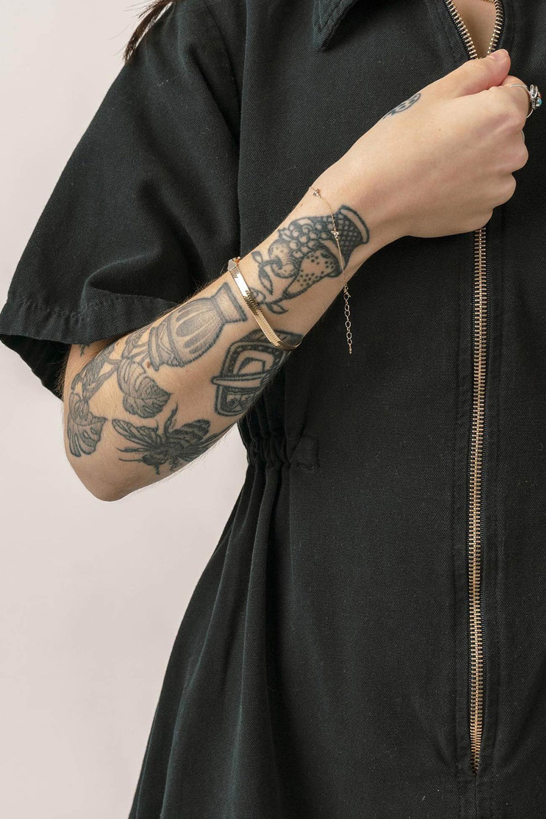 Zip-up Short Sleeve Cotton Linen Jumpsuits Black · S