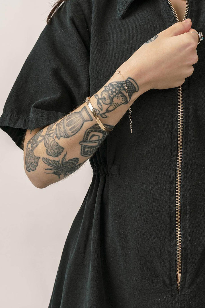 Zip-up Short Sleeve Cotton Linen Jumpsuits Black · S