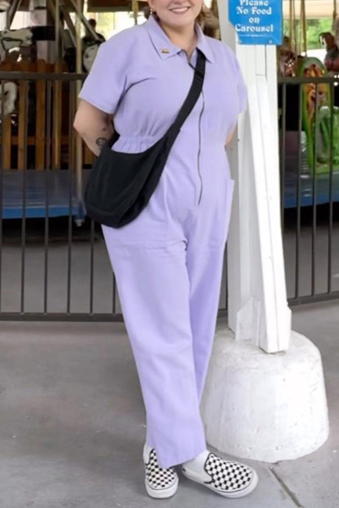 Zip-up Short Sleeve Cotton Linen Jumpsuits Black · L