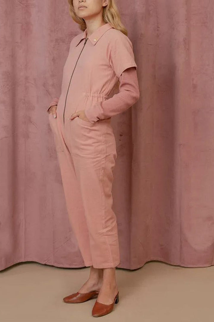 Zip-up Short Sleeve Cotton Linen Jumpsuits Purple · S