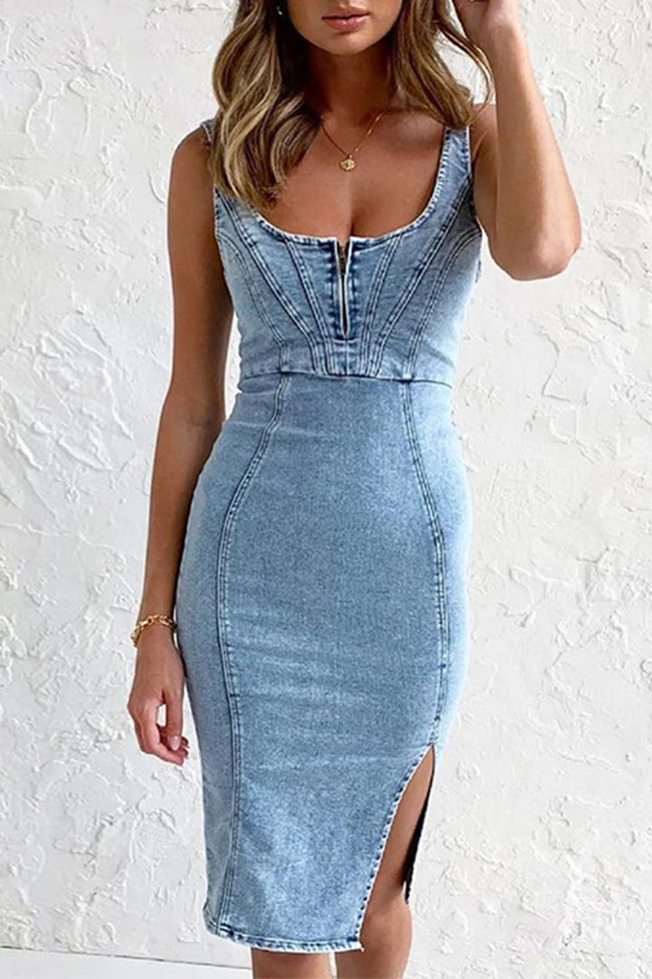 Zipper Distressed Denim Slit Midi Dress Blue · S