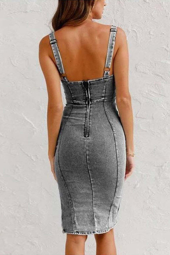 Zipper Distressed Denim Slit Midi Dress Grey · M