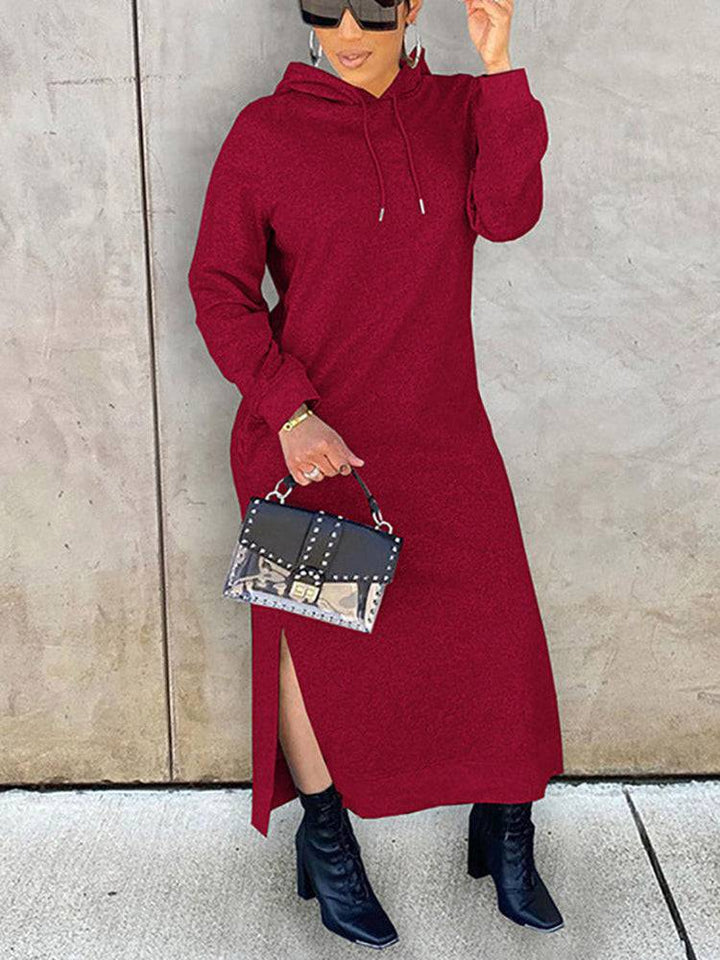 Slant Pockets Drawstring Hoodie Dress Wine Red / L