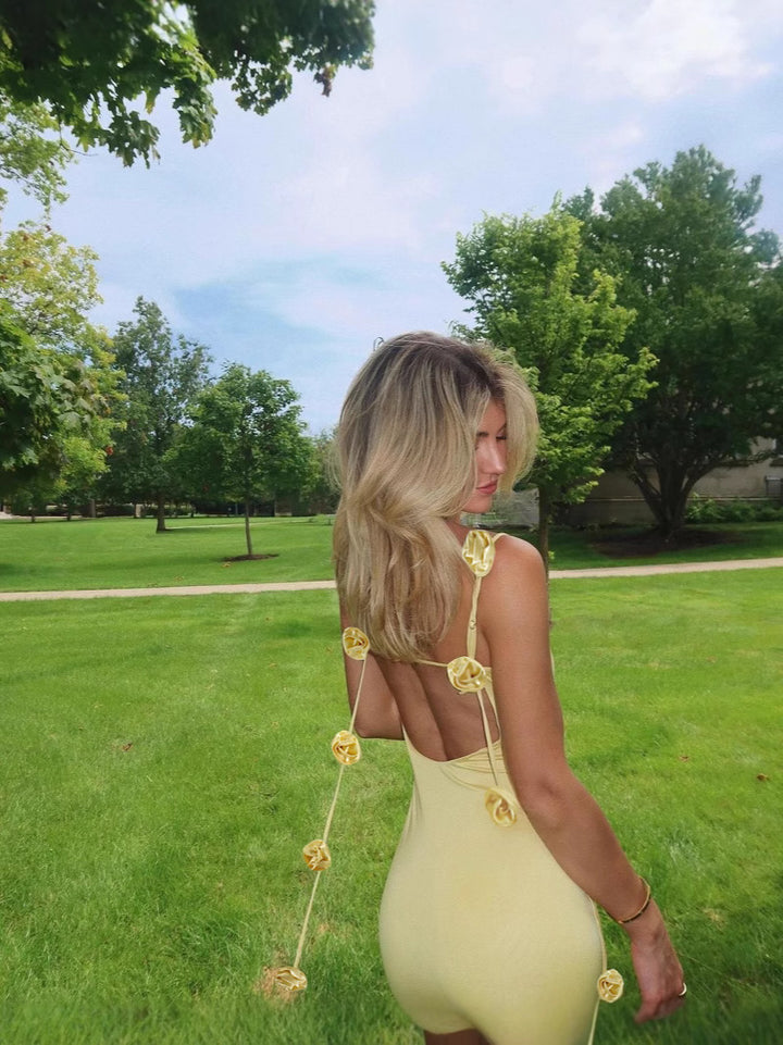 Backless Strapless Dress with 3D Floral Embellishments